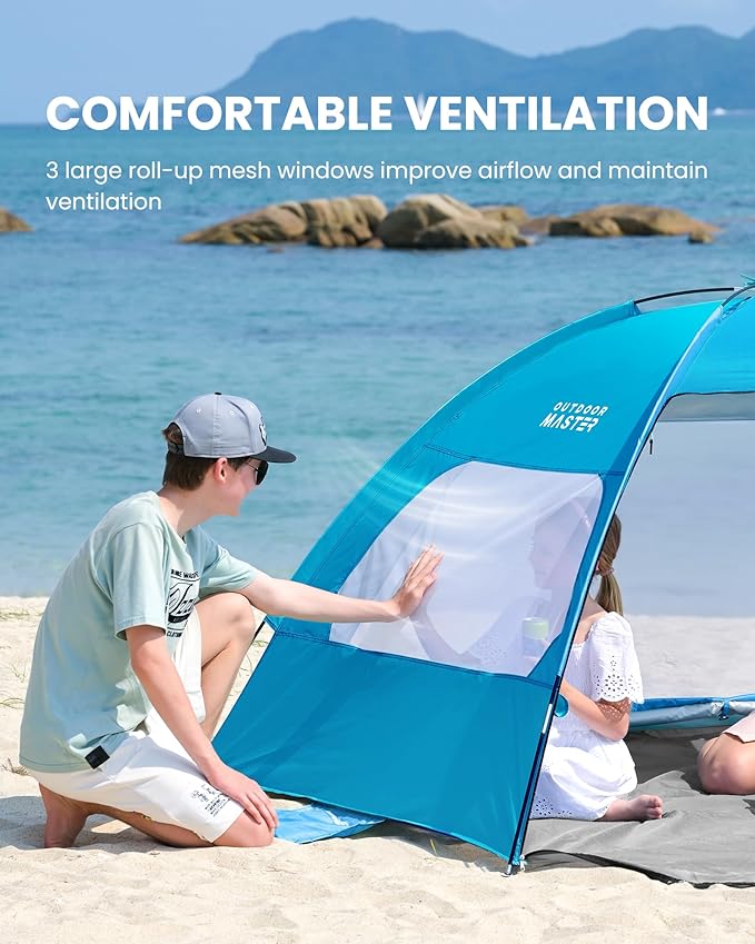 OutdoorMaster Beach Tent for 3/4/6/8 Person - Easy Setup Sun Shade Shelter, Portable Beach Shade Sun Canopy with UPF 50+ UV Protection, Removable Skylight Family Size