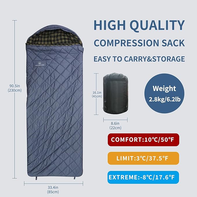 Mountainlodge 100% Cotton Shell and Lining Sleeping Bag for Adult Cold Weather with Compression Bag&Carry Bag for Camping,Travel and Car Camping