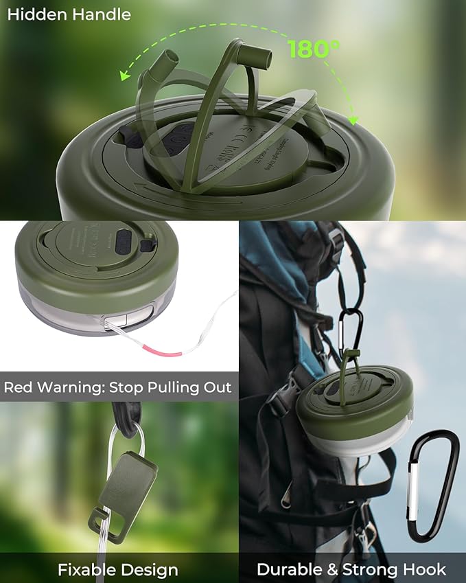 Camping String Lights, 32.8ft Retractable RGB Tent String Lights, Rechargeable LED Hanging Tent Lantern, Portable Twinkle Camp Lamp for Outdoor Backyard Patio Awning Canopy RV Essentials, Green
