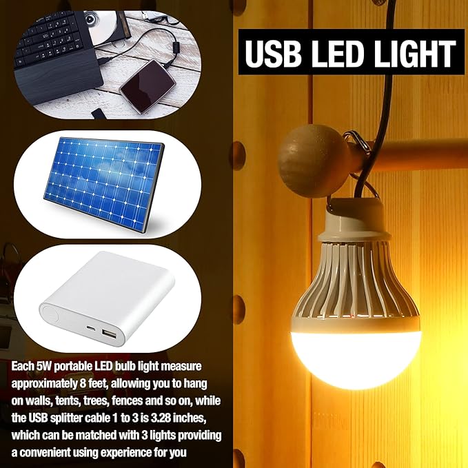 Tuanse 3pcs USB LED Light Bulbs Portable Camping Lights 5w with USB Splitter Cable 1 to 3, 8.2ft Extra Length Cord Tent Latern Outdoor Emergency Bulb for Garage Warehouse Truck Fishing Warm White