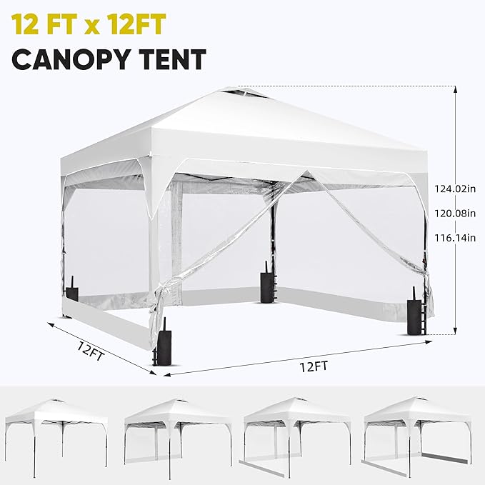 GDY 12x12FT Pop Up Canopy Tent with One Push Setup, Easy Setup Gazebo with 4 PVC Transparent Sidewalls,Includes Wheeled Bag. for Events, Parties, Camping, White.