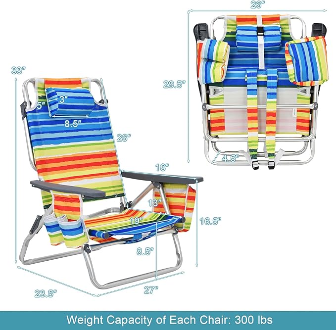 COSTWAY Backpack Beach Chairs, 4-Pack Portable Camping Chairs with Cup Holder, Ice Bag, 5-Position Outdoor Reclining Chairs for Adults, Travel, Sunbathing, Support 300 LBS, Multi Color