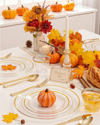 bUCLA 300Pcs Clear Gold Plastic Disposable Dinnerware Set - Clear Plates with Gold Trim Include 50 Dinner / 50 Dessert Plates,50 Cups,150 Plastic Silverware Set for Party