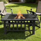 ZENY 32 inch Outdoor Fire Pit with Grill for Outside Wood Burning, Square Metal Outside Fireplaces, Spark Screen and Poker Included for Backyard Patio Camping Bonfire