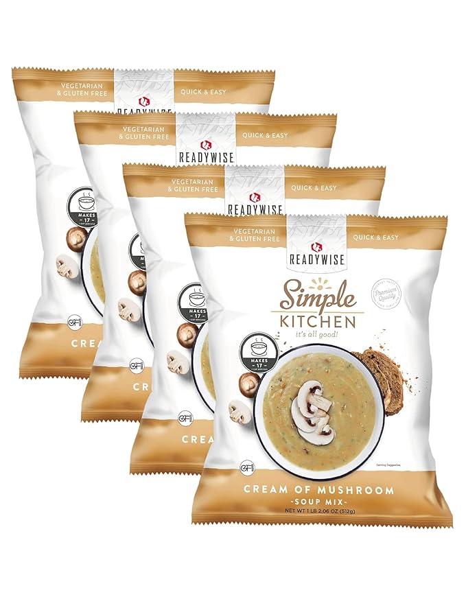 Simple Kitchen Cream of Mushroom Soup Mix - 17 Servings for Meal Prep, Vegetarian, Gluten Free, Dehydrated & Freeze Dried Survival Food for Camping Meals, Backpacking & Hiking, Survival Kit, Pack of 4