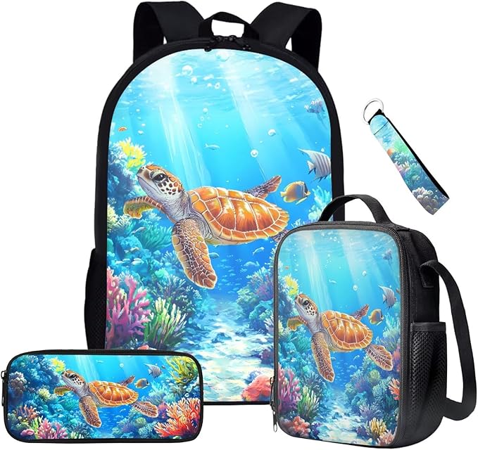 Sea Turtles School Backpack Set for Kids Boys 4Pcs Animal Bookbag and Lunch Bag Sets for Little Boys Ages 8-12 Elementary Middle School,Daypack with Adjustable Strap for Travel Hiking