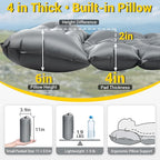 Sleeping Pad for Camping, Backpacking Sleeping Mat with Built-in Pillow and Foot Pump, 4in Thick Compact Camping Air Mattress for Hiking Tent Road Trip Car Camp Travel Gear