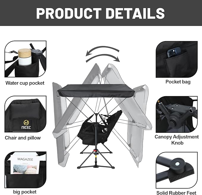 Nice C Hammock Camping Chair with Canopy, Portable Swinging Camping Chair with Shade, Outdoor Folding Swinging Umbrella Chairs, Rocking Camping Chairs, with Adjustable Canopy, Cup Holder (2 Pack)
