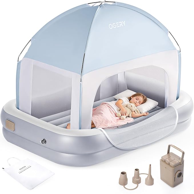 OGERY Inflatable Toddler Travel Bed with Cordless Rechargeable and Detachable Air Pump and Tent, Portable Kids Air Mattress with 4 Sides Safety Bumpers Ideal for Home, Grandma's, Camping, Traveling