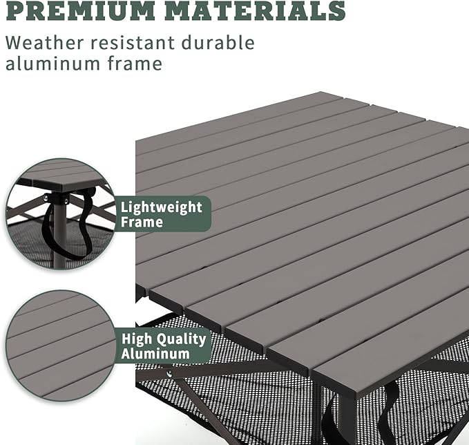 SUNNYFEEL Aluminum Folding Table for Camping, Lightweight Roll Up Top, Portable Camp Tables with Carry Bag for Outdoor Picnic (Square, Brown)