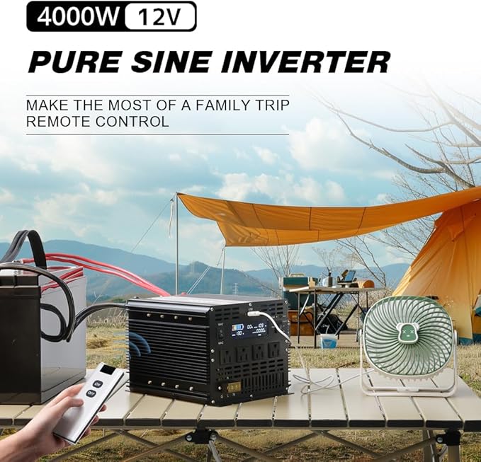4000 Watt Pure Sine Wave Power Inverter, 12V DC to 110V/120V AC Converter 8000W Peak, with Remote Control LCD, 4 AC Outlets & USB Port & Hardwire Terminal, for Truck RV Boat Camping Solar System EPS