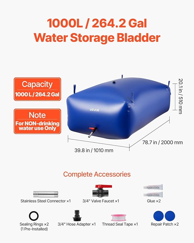 VEVOR Water Storage Bladder 264.2 Gallon Large Capacity Water Bag, Portable & Collapsible Soft Waters Container, Leakproof & Tear-Resistant PVC Emergency Waters Storage Tank for RV Truck & Outdoor Use
