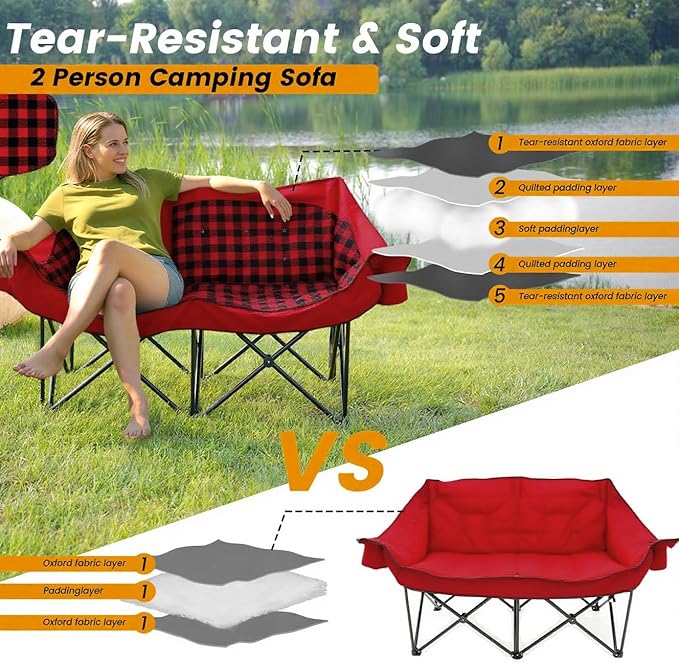 Heated Double Camping Chair, Padded Camping Couch with 3 Heat Levels and 4 Heating Zones, Oversized Camp Loveseat Support 800lbs for Soccer Games, Tailgating, RV Travel, Beach Days（Not Battery）