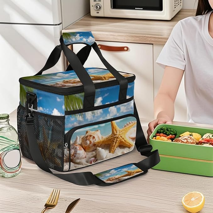 Beach Ocean Starfish Seashells Soft Cooler Bag Insulated Lunch Box for Men & Women, Large Leakproof Lunch Bag Portable Beach Cooler for Work, Picnic, Road Trips,Fishing, Travel, Camping,A-5