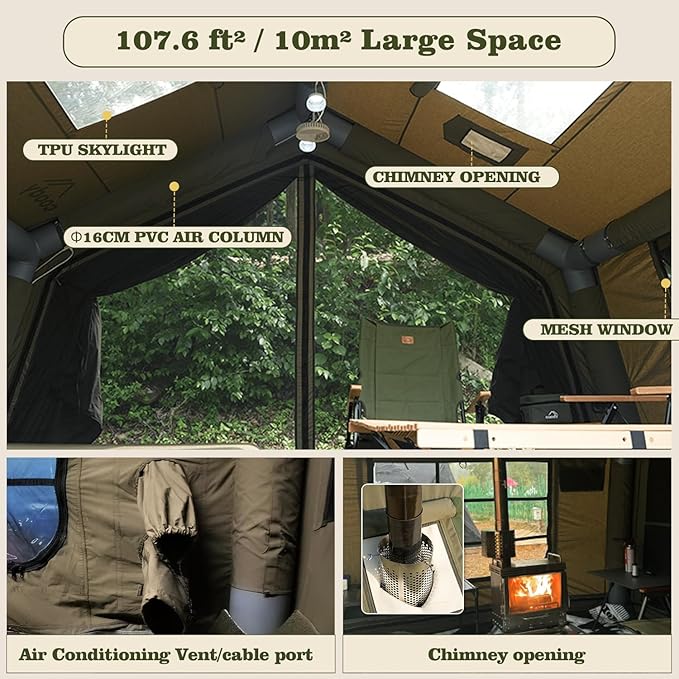 Coody Inflatable Canvas Camping Tents with Stove Jack – Premium Air Beam Family Glamping Tent, Breathable Cotton Canvas, Fast Setup Air Tent with Pump