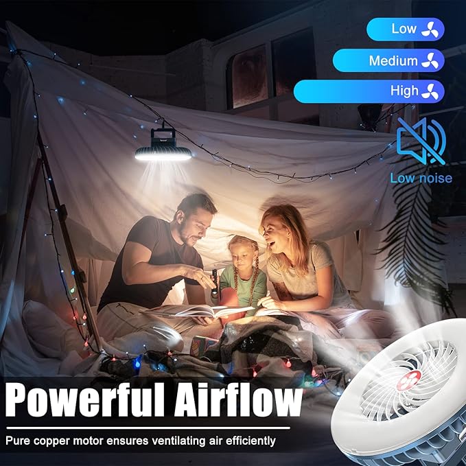 Portable Camping Fan with LED Lantern USB Rechargeable Waterproof Tent Fan with Hanging Hook Magnet Survival Kits for Indoor Outdoor Hiking Car Office Desk Outdoor Emergency Power Outage