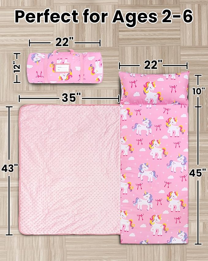 Primlect Toddler Thickened Foam Nap Mat with Pillow, Extra Large 55"x35", Soft, Supportive Sleeping Bag with Detachable, Washable Cover, for Sleepover, Home, Travel, Boys and Girls