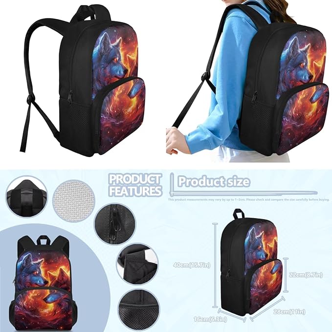 Ystardream Galaxy Wolf Backpacks for Boys 10-12 for School Backpack with Lunch Box Pencil Case 3 Pcs Set Book Bag Elemenatry Preschool Back Packs Schoolbag for Kids Boys Travel Daypack Laptop Bags