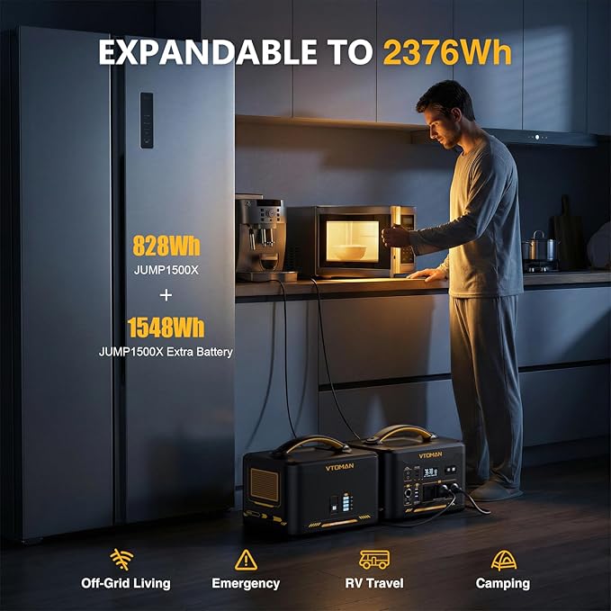 VTOMAN 2376Wh Portable Power Station with Extra Battery & 200W Solar Panel - 1500W Up to 3000W Solar Power Generator for Home Backup, Off-grid, Road Trip, RV, Camping, Fishing, Vehicle Emergency
