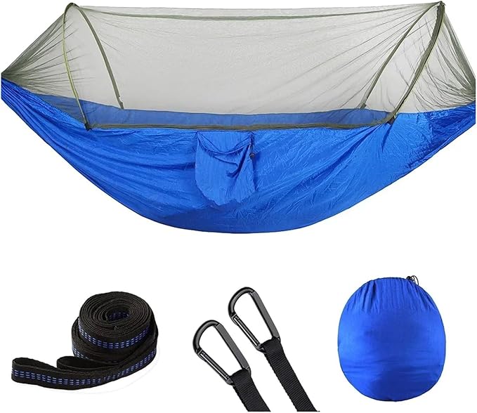 Compatible For Camping Hammock With Mosquito Net Pop-Up Light Portable Outdoor Parachute Hammocks Swing Sleeping Hammock Camping Stuff(Blue)