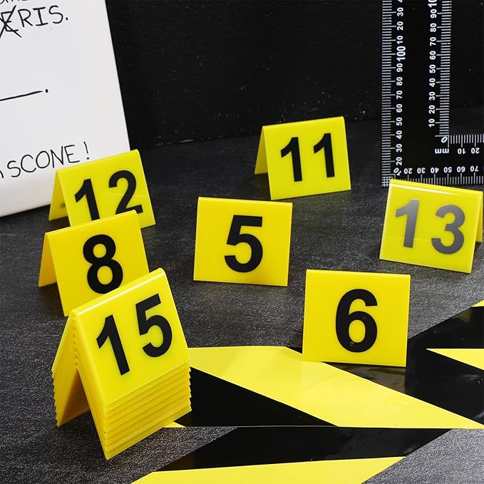 NOLITOY 15 Pcs Evidence Markers Detective Scene Markers Decorations Number Id Tents for Game Theme Halloween Party Supplies, Yellow, Restaurant 1-15 Signs Accessories