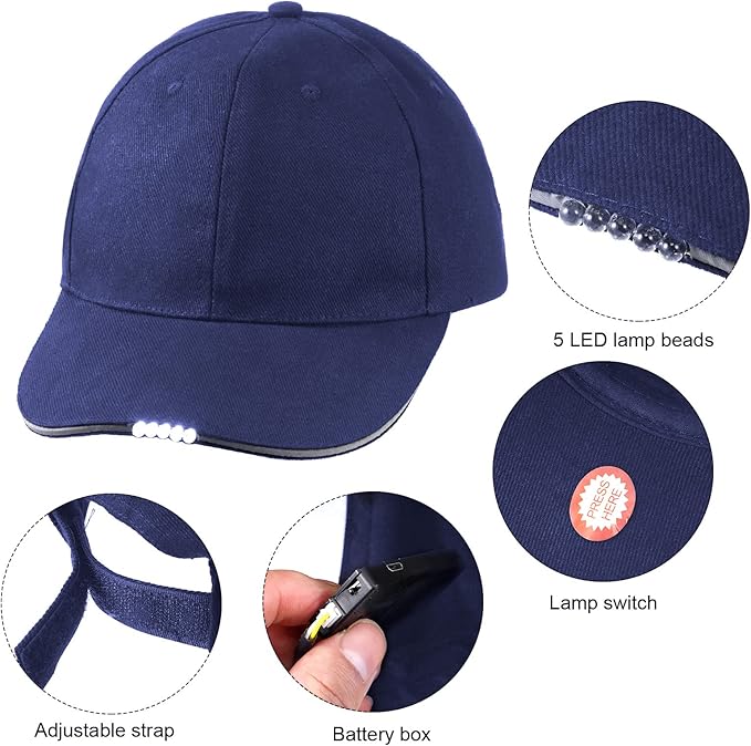 Syhood 2 Pieces LED Baseball Caps Flashlight Hats Hands Free Baseball Caps with Light Built in 5 Battery Powered Headlamp LED Hats Light for Men Fishing Jogging Camping Hand Work