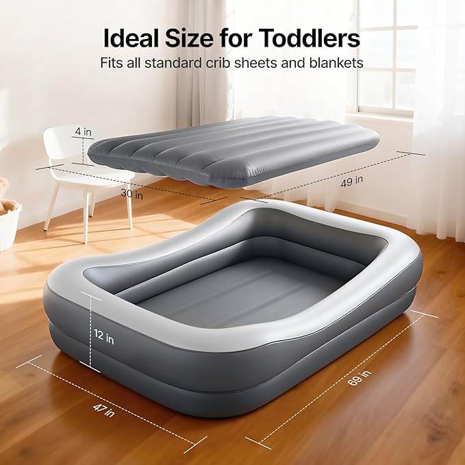 OGERY Inflatable Toddler Travel Bed with Cordless Rechargeable and Detachable Air Pump and Tent, Portable Kids Air Mattress with 4 Sides Safety Bumpers Ideal for Home, Grandma's, Camping, Traveling