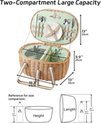 Picnic Basket for 2, Extra Large Wicker Picnic Basket Insulated, Handwoven Vintage Willow Picnic Set, 2 partitions, 8.4 Gal, Portable Camping, Outdoor, Couples Wedding Gifts, Date, Natural