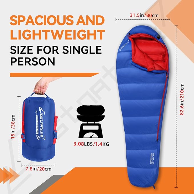 Clostnature Down Sleeping Bag for Adults - 20D 550 Fill Power Backpacking Mummy Sleeping Bag for 16°F - 45°F, Lightweight 4 Season Clod Weather Camping Gear with Compression Sack