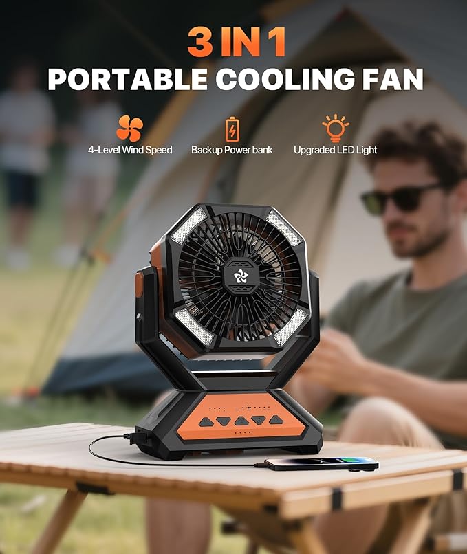 Rechargeable Fan Portable-Camping Fans for Tents, 20000mAh Battery Powered Fan Camping Lights with Remote Hook, 4 Timer/4 Speed,Oscillating 45°/90°, Suitable for Personal Office Desk Travel Beach BBQ