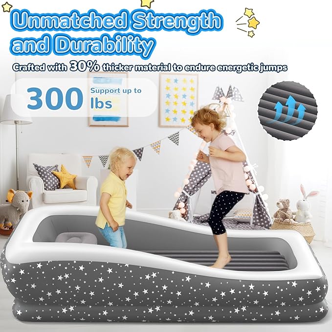 Inflatable Toddler Travel Bed - 67'' Large Size Safety Kids Air Mattress with 4 Sides - Portable Camping Bed for Outdoor Sleepovers, Easy to Inflate & Deflate with Storage Bag & Pump, Grey