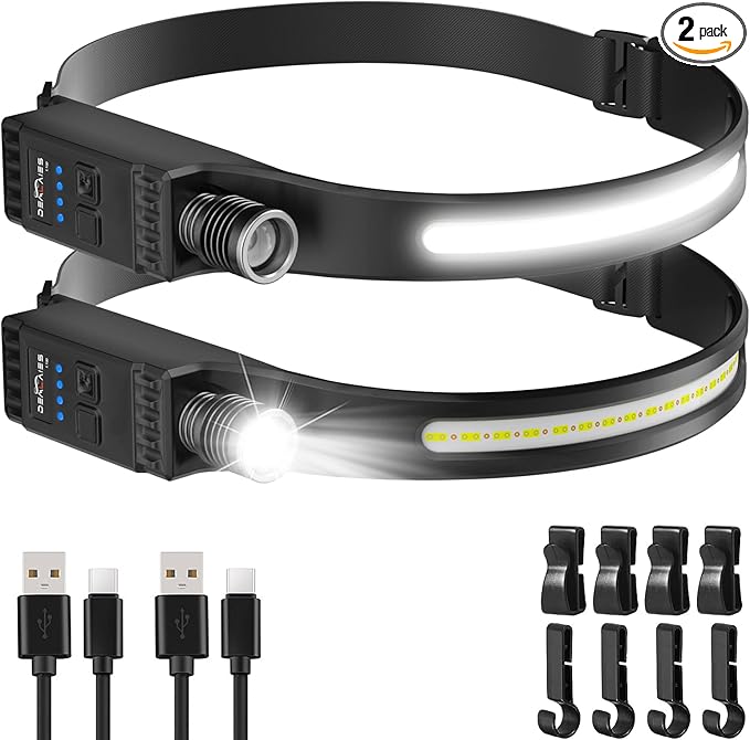 Headlamp Rechargeable with Red Light, 2 Pack Super Bright 230° Wide Beam Head Lamp, 30 Hrs Runtime, 8 Modes Waterproof Lightweight Headlights for Camping Running Fishing