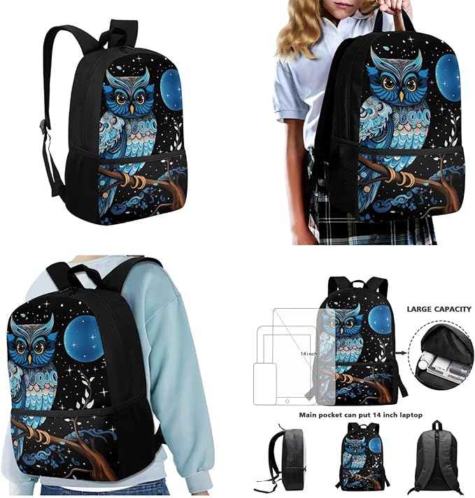 3 Set of Blue Owl and Moon Printing Book Bag, Matching Portable Lunch Box and Large Capacity Pencil Case, 17 inch School Backpack with Sturdy Handle Double Zipper