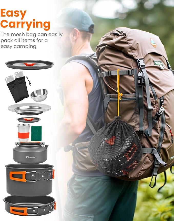 21Pcs Camping Cookware Mess Kit for 2, Lightweight Camping Kitchen Pots and Pans Set, Portable Cooking Essentials for Backpacking, Hiking and Picnic