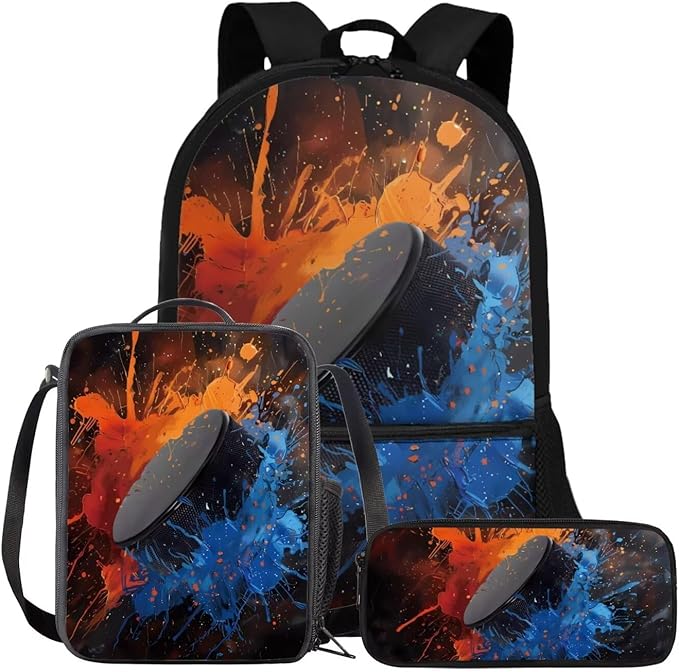 Rnyleeg Hockey Backpack for Boys with Lunch Box Large Capacity School Backpack for Teens 3 Pcs Bookbag Set for Primary School Casual Rucksack for Camping