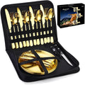 Flatware Silverware Set, 20-piece Outdoor Camping Stainless Steel Cutlery, Forks, Spoons, Plates, Food Clips, Portable Cutlery Bag Set, Tableware Cutlery Set (Color : Gold, Size : 4Set)