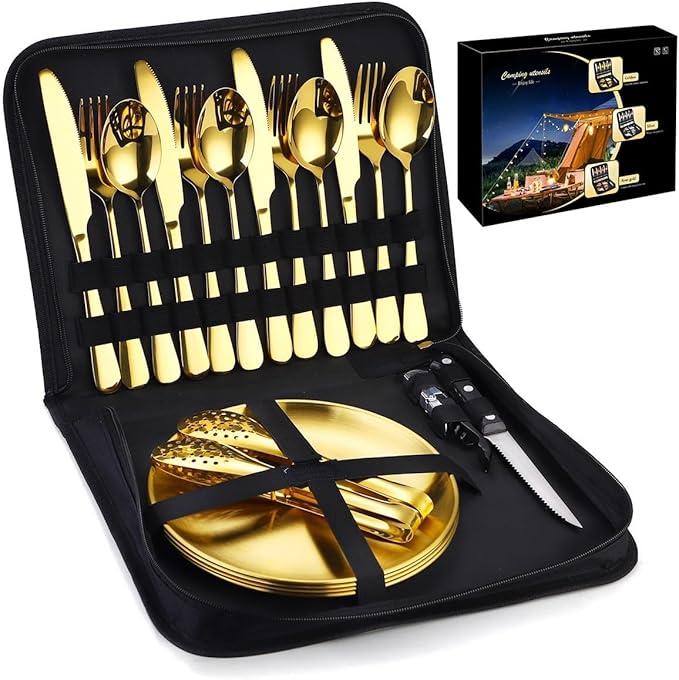 Flatware Silverware Set, 20-piece Outdoor Camping Stainless Steel Cutlery, Forks, Spoons, Plates, Food Clips, Portable Cutlery Bag Set, Tableware Cutlery Set (Color : Gold, Size : 4Set)