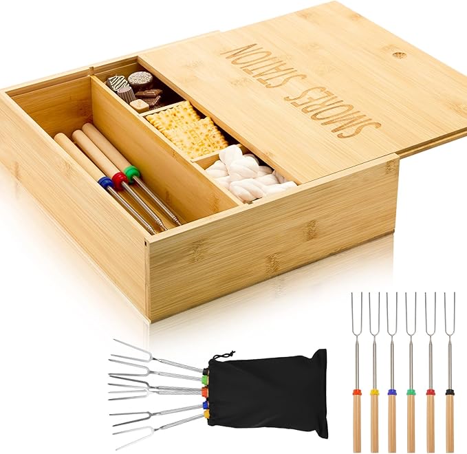 LemonRoad 13.4 x 11.2 x 3.5 Inch Smores Kits, Bamboo S'Mores Kit Box with Lid, 6 Extendable Roasting Sticks & Carry Bag, Portable Camping Cookware Set for Outdoor Picnic Backyard Party Family Fun