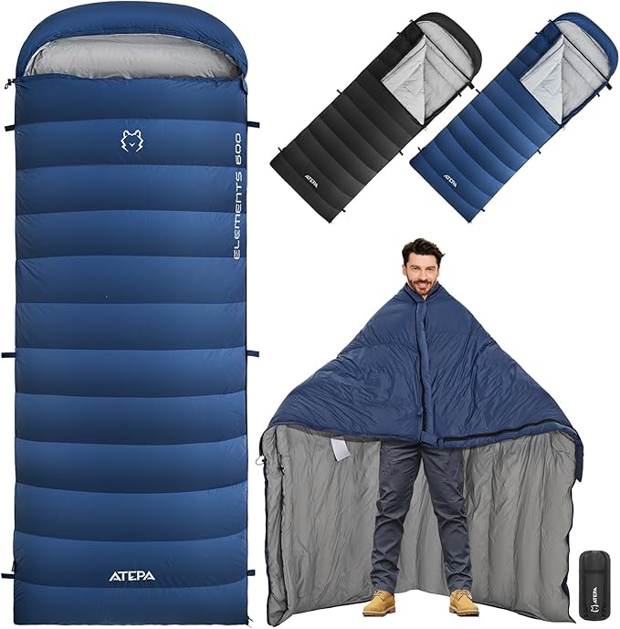 ATEPA Down Sleeping Bag for Adults, 650FP Recycled 30°F 35°F 40°F 45°F 3 Season Wearable Ultralight Packable Compact Sleeping Bags with Compression Sack for Backpacking Camping Hiking