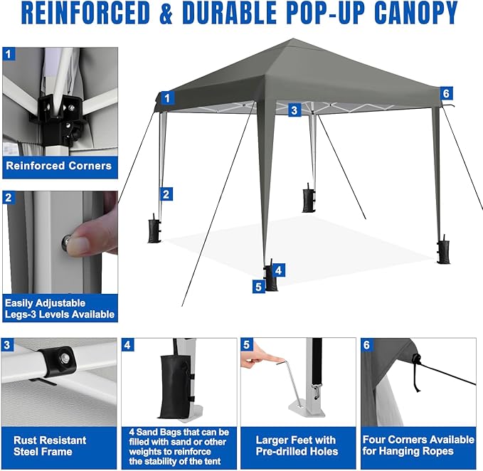 Yesker 10x10 Pop Up Canopy Tent UPF 50+ Waterproof Outdoor Canopy Portable Folding Easy Setup Gazebo Adjustable Height Instant Sun Shade Tent with Wheeled Bag for Events Parties Camping Patio, Gray