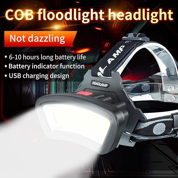 DARKBEAM Hard hat Headlamp COB LED Floodlight with Red Light USB Rechargeable 2000 Lumen - Car Maintenance and Night Construction - Included Rechargeable Battery Last for 6-10 Hours