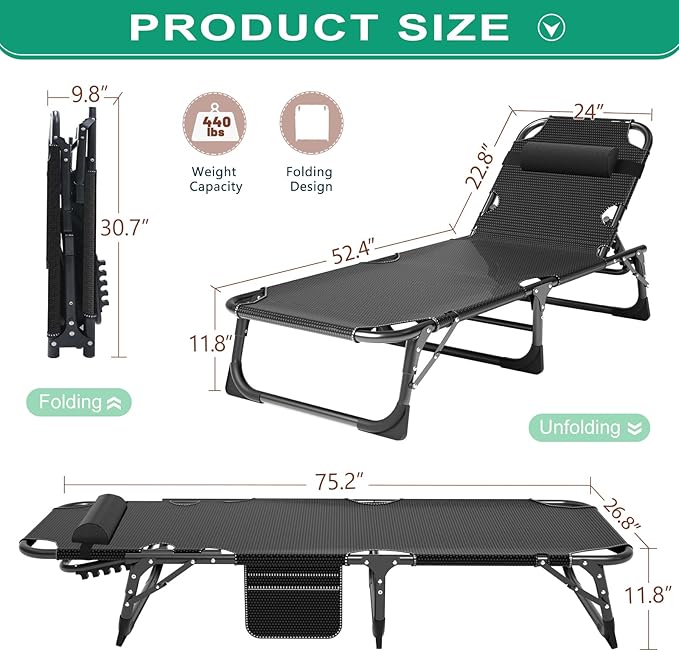 Barbella Folding Camping Cots Patio Lounge Chair with Mattress, 4 Position Adjustable Folding Sleeping Bed Patio Chaise Lounge Chairs for Sunbathing, Camping, Pool, Beach, Patio