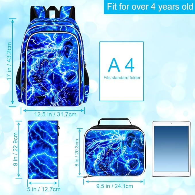 17" Basketball Backpack for Boy, 3Pcs Lightning Bookbag for Elementary Preschool Kindergarten, Kids School Backpacks with Lunch Box (Blue)