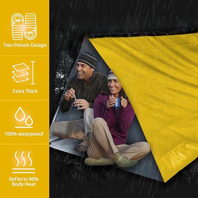 1-Pack Survival Life Tent - 1Person Mylar Shelter, Tube Tent with Paracord, All-Weather for Camping, Hiking, Survival Kits-Yellow