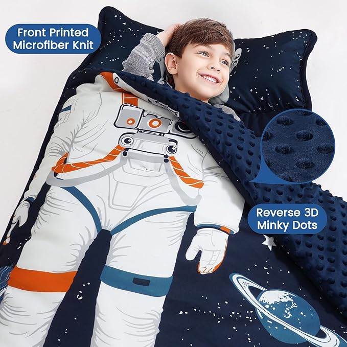 PHF Toddler Nap Mat with Removable Pillow and Minky Fleece Blanket, Rollup Design Warm Slumber Bags for Boys Girls, 52"x20"x2" Kids Sleeping Bag for Daycare Preschool Travel Camping, Astronaut