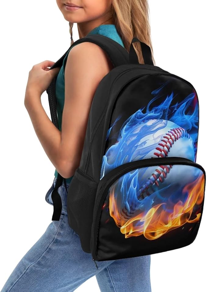 17 Inch Men Women Kids Casual Backpacks with Insulated Cooler Lunch Compartment Lightweight Students Knapsack Middle High School Bookbag Work Hiking Daypack, Fire Flame Softball