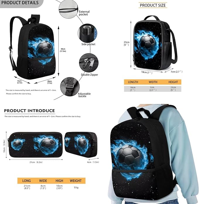 Rnyleeg Soccer Backpack for Kids 3-6 Cool Boys Bookbag Set with Lunch Box Large Capacity School Bag Set 3 Pcs for Primary School Casual Backpack with Accessories