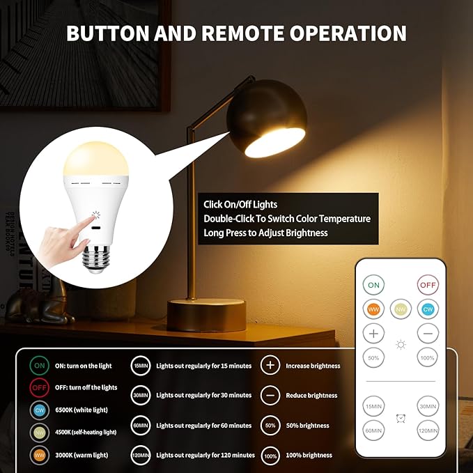 E26 Rechargeable Light Bulbs with Remote Control, 2600mAh Battery Operated Light Bulb with Hook, 3000K-6500K，40W Equivalent, 3 Timer, for Sconces Lamps Without Power, Camping, Emergency 2 Pack