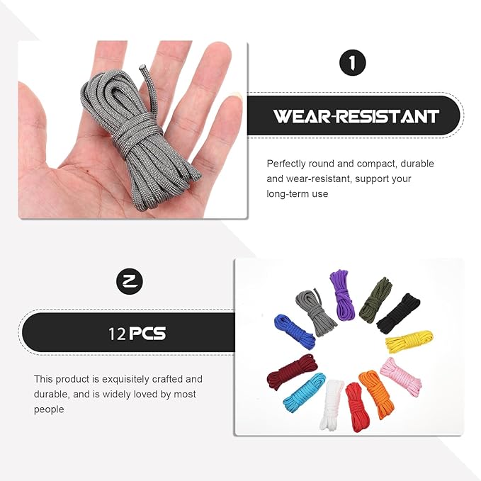 12 Rolls Tent Cord and Emergency Survival Rope, 3 Meters Each, Heavy-Duty Outdoor Camping Guide Line for Hiking and Climbing Random Color