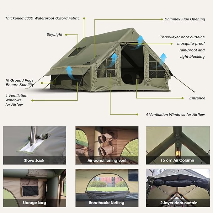 Inflatable Camping Tents 8-10 Person,129 Square Feets Large Inflatable Camping Tent with Stove Jack,Blow up Tent with Mesh Windows & Pump